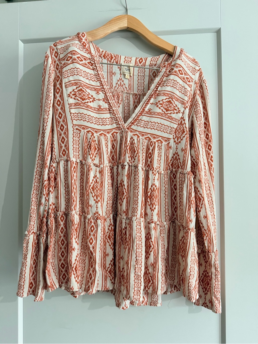 Rust Print V-Neck Tiered Blouse - Women's Long Sleeve